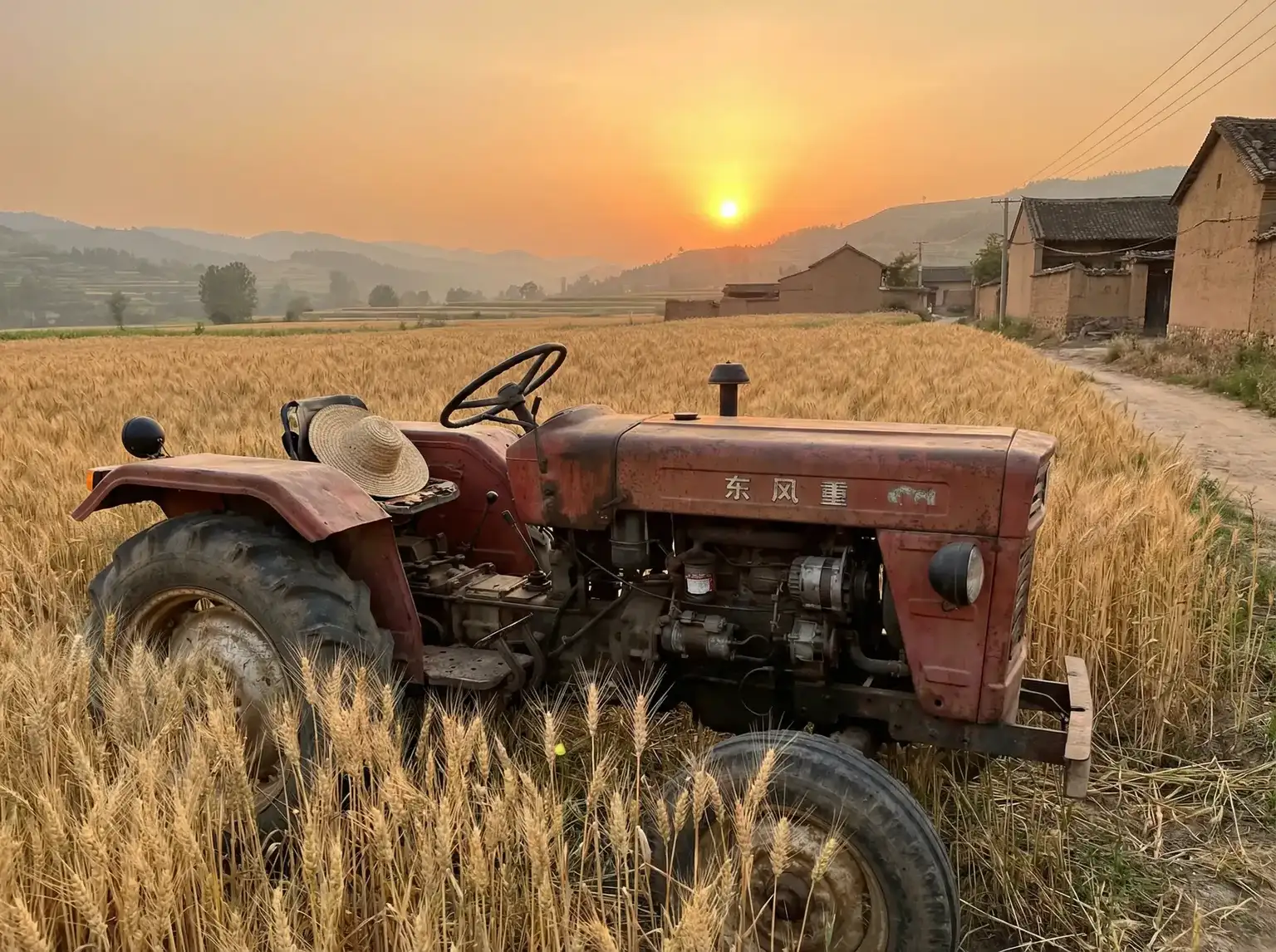 夕阳下的老式拖拉机停在麦田边 - 12306可以预定熊猫专列 田间记忆